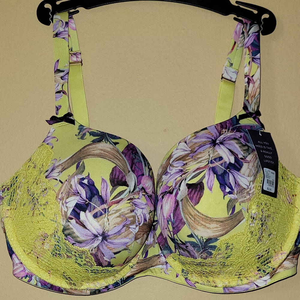 CACIQUE - NWT- Seriously Sexy Boost Balconette Yellow Floral Lace Bra | 40DDD
